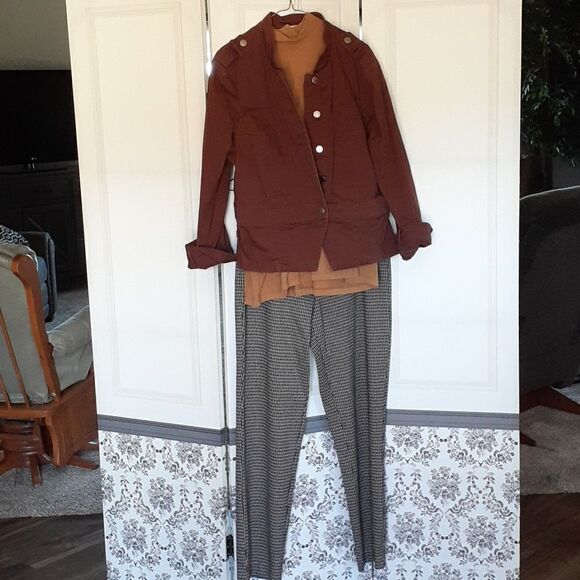 Chico's Jackets & Blazers - Herringbone pants, butterscotch shirt & brown jean jacket 3-pc. outfit of Woman